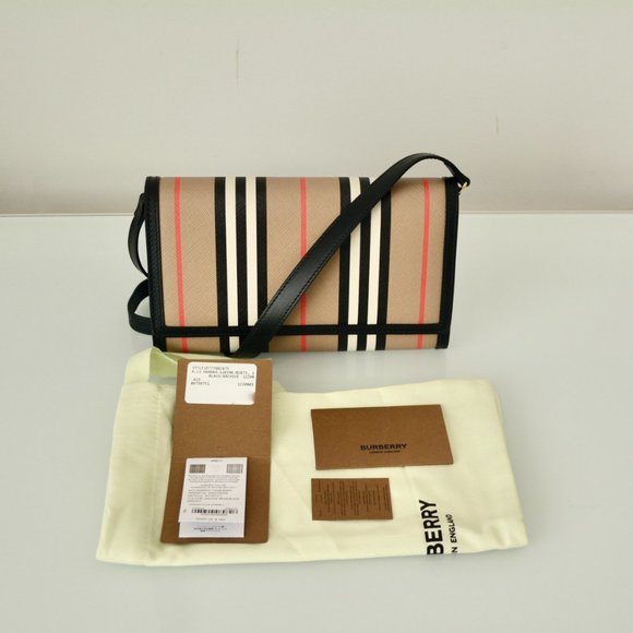 NWT BURBERRY ICON STRIP HANNAH LEATHER TRIM CROSSBODY WALLET BAG - Picture 2 of 12